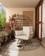 Outdoor 360° Swivel Egg Chair with Cushions, Indoor Outdoor Wicker Egg Basket Lounge Chair for Patio Porch Living Room, Oversize