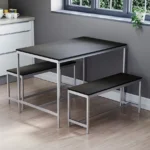 Kitchen Dining Table and Bench Set, Modern 4 Seater Dining Table with Bench Set Metal Frame Wooden Kitchen Dining Room Furniture