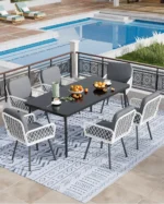 Patio Dining Chairs Set of 2, White Hand-Woven Rattan Outdoor Armchairs with Cushions, Black Metal Frame Seating for Garden - Image 3