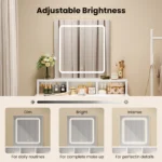 Dressing Table with LED Lights and Mirror, Vanity Desk with Adjustable Brightness, 2 Drawers, 3 Open Shelves, 80x40x140.5cm - Image 3