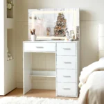 White Dressing Table With Hollywood LED Mirror and 5 Drawers Vanity Makeup Desk