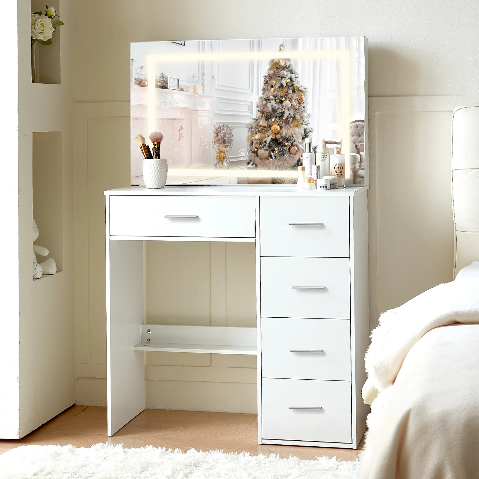 kf-S83a02862f4494e3896b9b95bbda03492k White Dressing Table With Hollywood LED Mirror and 5 Drawers Vanity Makeup Desk - Image 1