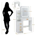 White Vanity Desk Set with 10 Led Bulbs 3 Color Dimmable Makeup Mirror, Stool & Storage, Bedroom Dressing Table Furniture - Image 6