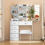 White Vanity Makeup Table with 10 LED Bulbs Mirror and 6 Drawers Dresser Set - Image 2