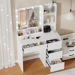 White Makeup Vanity Desk Dressing Table with 10 Led Bulbs Lighted Mirror - Image 2