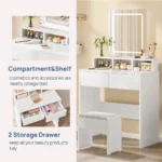 Dressing Table with LED Lights and Mirror, Vanity Desk with Adjustable Brightness, 2 Drawers, 3 Open Shelves, 80x40x140.5cm - Image 6