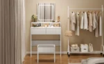 Dressing Table with LED Lights and Mirror, Vanity Desk with Adjustable Brightness, 2 Drawers, 3 Open Shelves, 80x40x140.5cm - Image 12