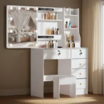 White Dressing Table with Led Lights Large Mirror 6 Drawers White Makeup Desk - Image 2