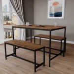 Kitchen Dining Table and Bench Set, Modern 4 Seater Dining Table with Bench Set Metal Frame Wooden Kitchen Dining Room Furniture - Image 3