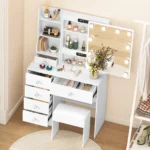 White Vanity Makeup Table with 10 LED Bulbs Mirror and 6 Drawers Dresser Set - Image 3