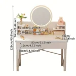 Vanity Makeup Desk Featuring a White Dressing Table with a Round Mirror And Two Drawers - Image 3