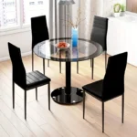 Black Dining Table and Chairs Set of 4, Round Tempered Glass Table with High Back PU Leather Chairs