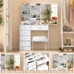 New White Dressing Desk Makeup Vanity, 3 Color Dimmable 10 Led Bulbs Mirror, Storage Makeup Dresser Table for Bedroom - Image 4