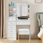 Dressing Table Mirror Drawers Vanity Makeup Desk Stool Set With LED Lights White - Image 7