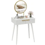 OIRA Modern Dressing Table w/ 2 Drawers Round Mirror for Bedroom White - Image 2
