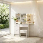New White Dressing Desk Makeup Vanity, 3 Color Dimmable 10 Led Bulbs Mirror, Storage Makeup Dresser Table for Bedroom