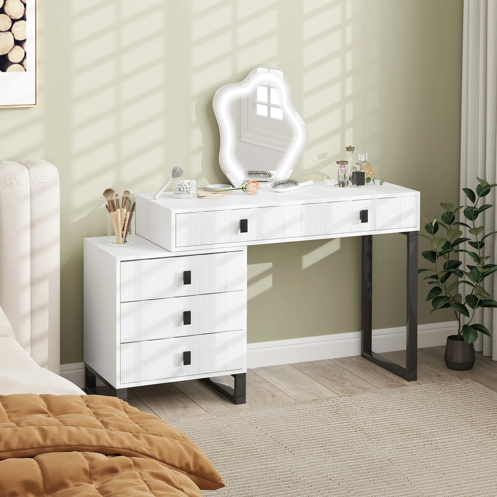 kf-Sd5b20e2c170a455d8f423c92dbf575e6c HOMCOM Dressing Table with LED Leaf Shape Mirror and 5 Drawers, White - Image 1