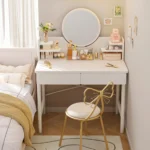 Vanity Makeup Desk Featuring a White Dressing Table with a Round Mirror And Two Drawers - Image 2