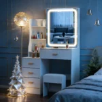 White Vanity Desk Set with 10 Led Bulbs 3 Color Dimmable Makeup Mirror, Stool & Storage, Bedroom Dressing Table Furniture - Image 4