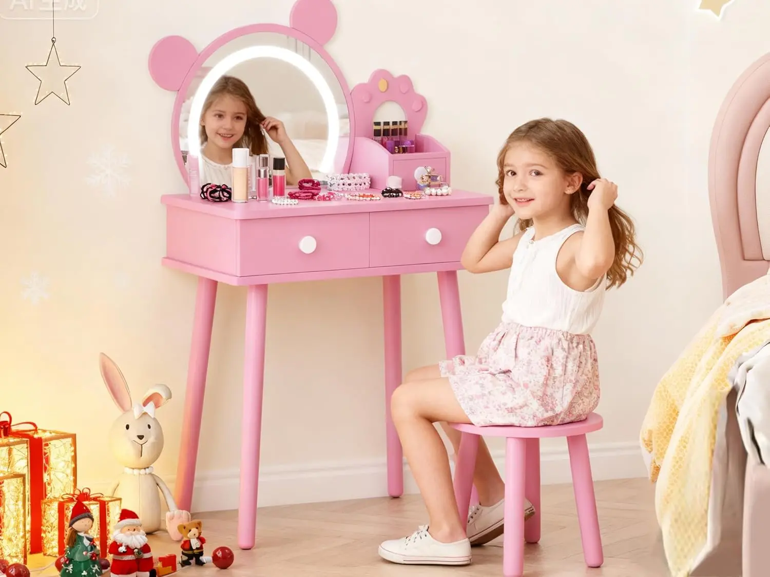 kf-Se5836271a77949cca7e0983409442b487 Kids Changing Table with Lights, Cute Bear Shaped Makeup Desk with Mirror Makeup Table Set - Image 1
