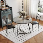 Round Dining Table Set, Mid-Century Modern Wooden Kitchen Table with 2 Upholstered Chairs and Metal Frame for Brea - Image 3