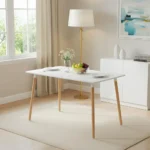 Square Round Dining Table, Rectangular Kitchen Table White with Wooden Legs, Rectangle Dining Table