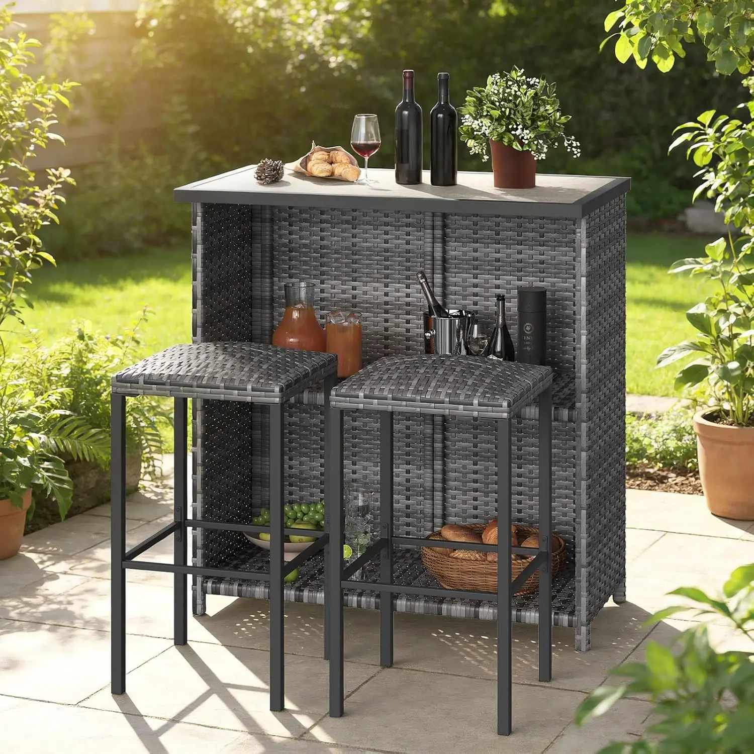 kf-Sf18529ed371f4c4ab619a8365b8b11247 Modern 3-Piece Patio Bar Table Set – 2 Metal Frame Stools with Storage Shelves, Grey Gradient Rattan, Quick-Dry Cotton, DPC Tabl - Image 1