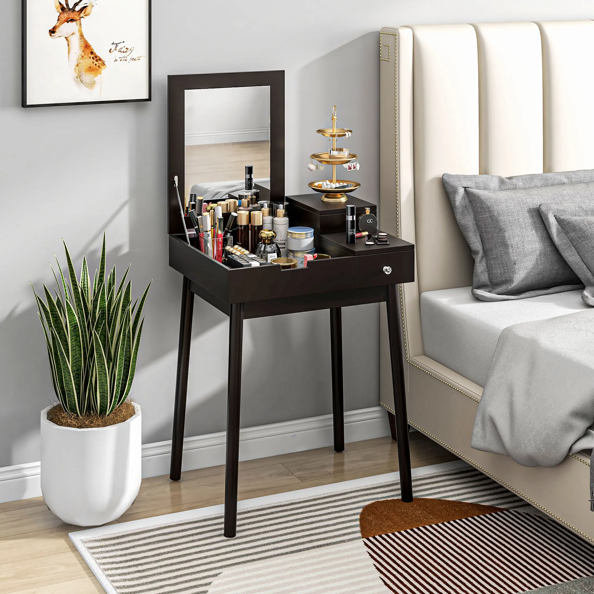kf-Sf3b1b25b2fc147f8b94d8e10b2ce59abn OIRA Dressing Table Vanity Desk Flip-up Mirror 2 Drawers, Black - Image 1