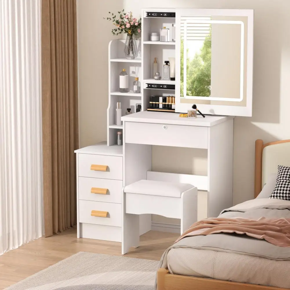 kf-Sf907a2e9391b4978b5c953abcc0334895 Bedroom Dressing Table Vanity Desk with Sliding Mirror and Lights Makeup Table with Hidden Storage Space - Image 1