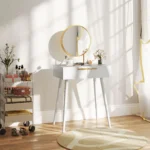 OIRA Modern Dressing Table w/ 2 Drawers Round Mirror for Bedroom White - Image 4