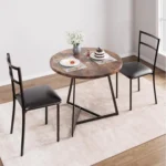 Round Dining Table Set, Mid-Century Modern Wooden Kitchen Table with 2 Upholstered Chairs and Metal Frame for Brea