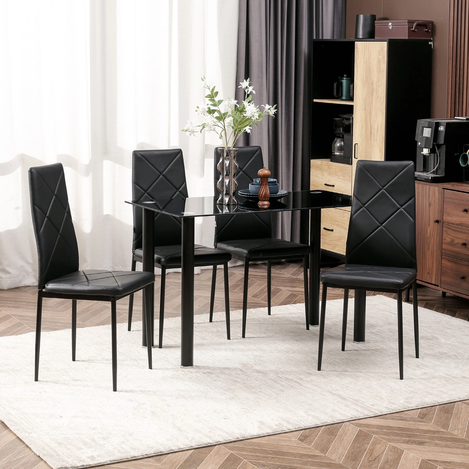 s-l1600 (10) Dining Table Set for 4, Kitchen Table and Chairs w/ Padded Seat Black - Image 1
