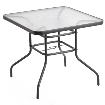80cm Square Tempered Glass Patio Table Black Metal Parasol Hole Garden Furniture