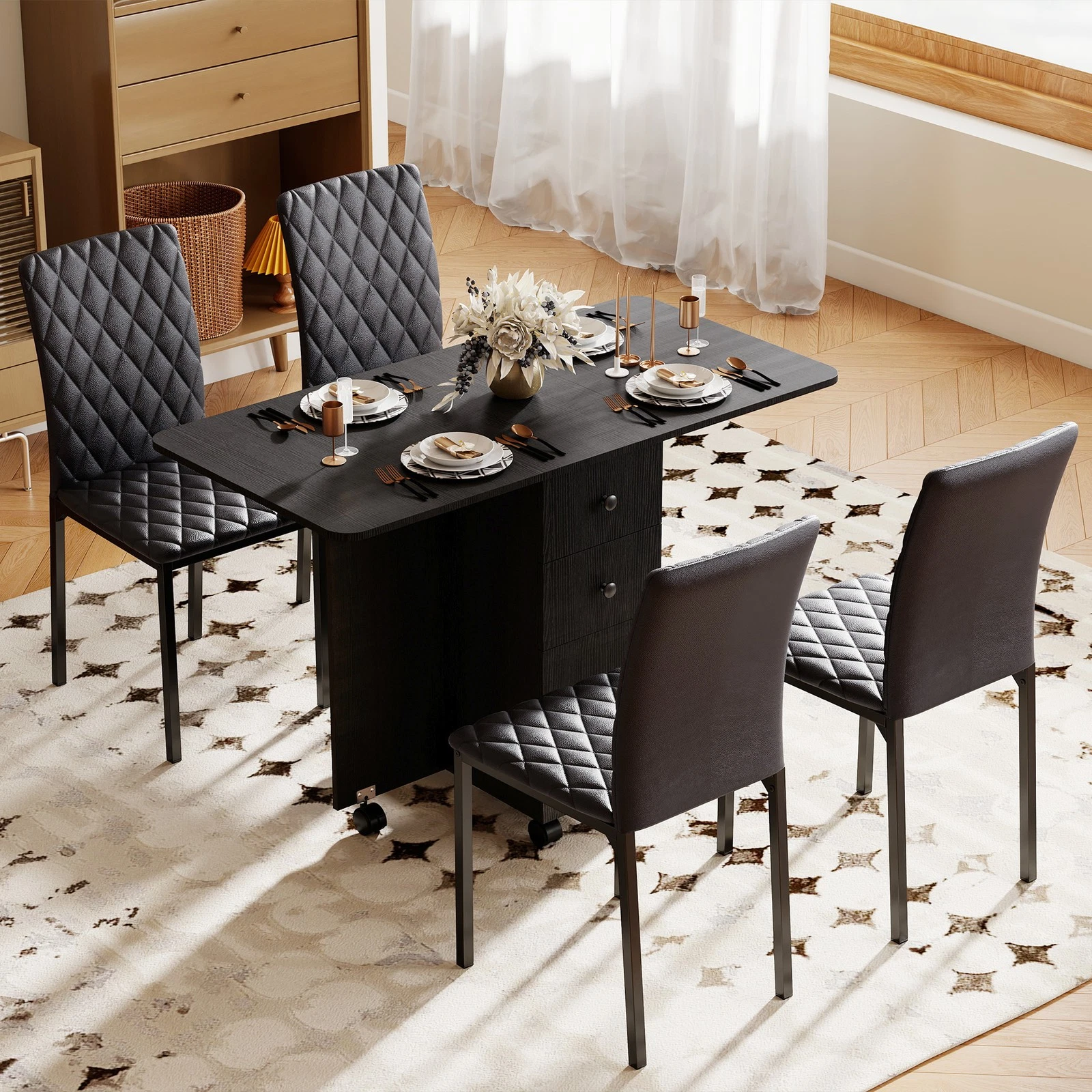 s-l1600 (26) Dining Table Set Folding Drop Leaf Table with Storage 4 Chairs - Image 1