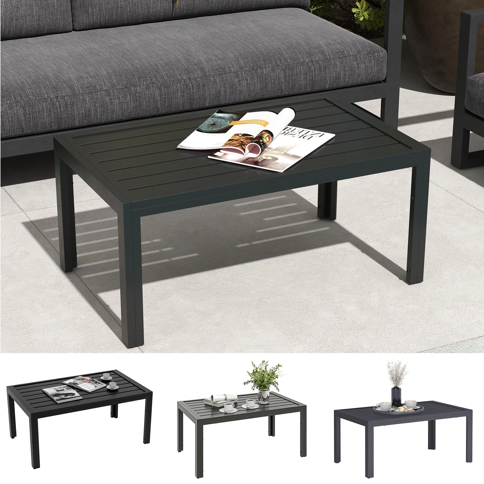 s-l1600 (8) Outdoor Coffee Table Rectangle Patio Table with Steel Frame Slat Tabletop - Image 1