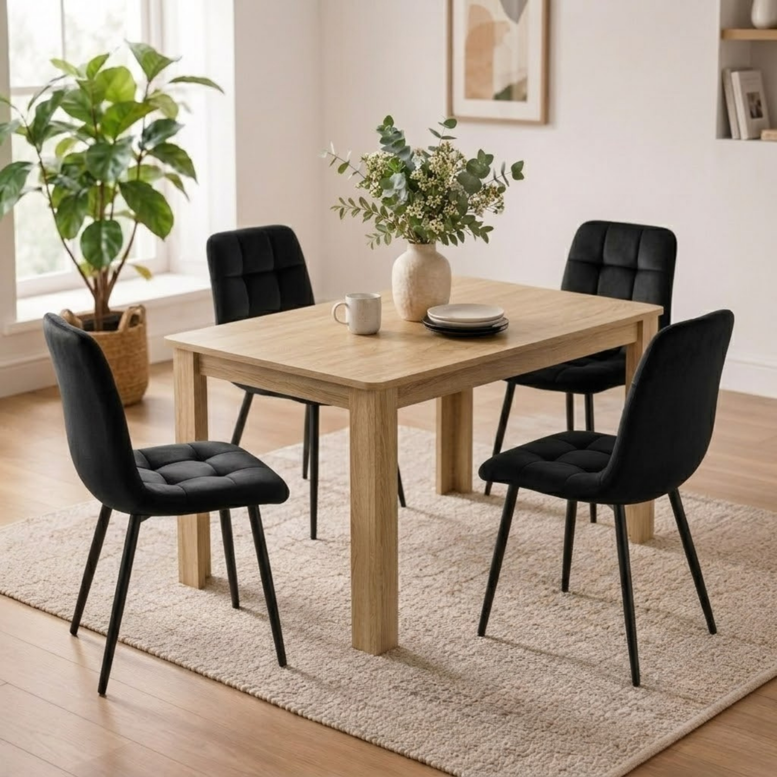 Oira Homes Oak Effect Dining Table set For 4 Black Velvet Chairs 4 Seater Kitchen and Dining Room Set