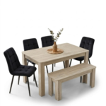 Oira Homes Oak Effect Dining Table Set with 4 Black Velvet Chairs and Oak Bench Dining Table set For 6 - Image 2