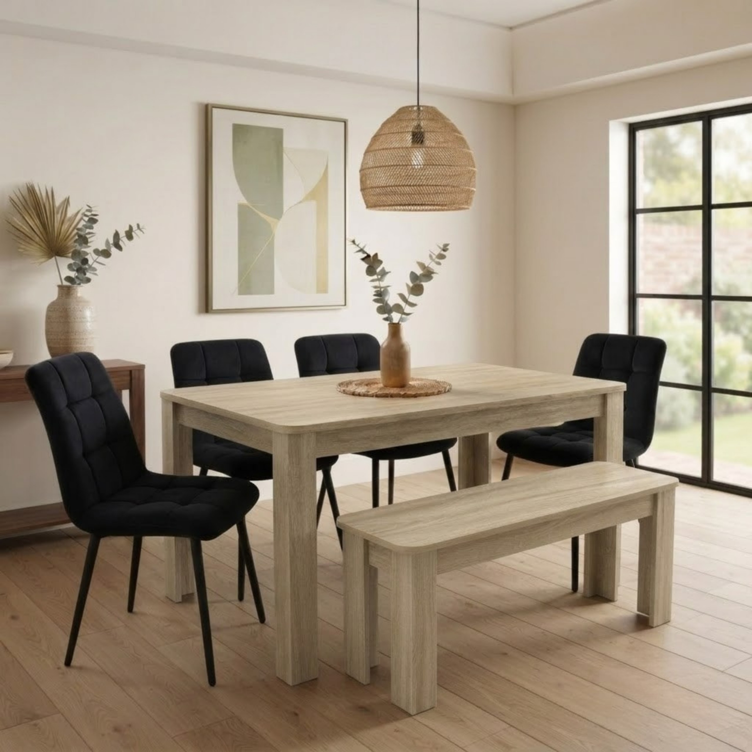 0864937_2 Oira Homes Oak Effect Dining Table Set with 4 Black Velvet Chairs and Oak Bench Dining Table set For 6 - Image 1