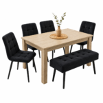 Oira Homes Oak Effect Dining Table Set with 4 Black Velvet Chairs and Black Velvet Bench 6 Seater Kitchen Dining Set - Image 5