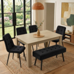 Oira Homes Oak Effect Dining Table Set with 4 Black Velvet Chairs and Black Velvet Bench 6 Seater Kitchen Dining Set