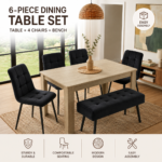 Oira Homes Oak Effect Dining Table Set with 4 Black Velvet Chairs and Black Velvet Bench 6 Seater Kitchen Dining Set - Image 4