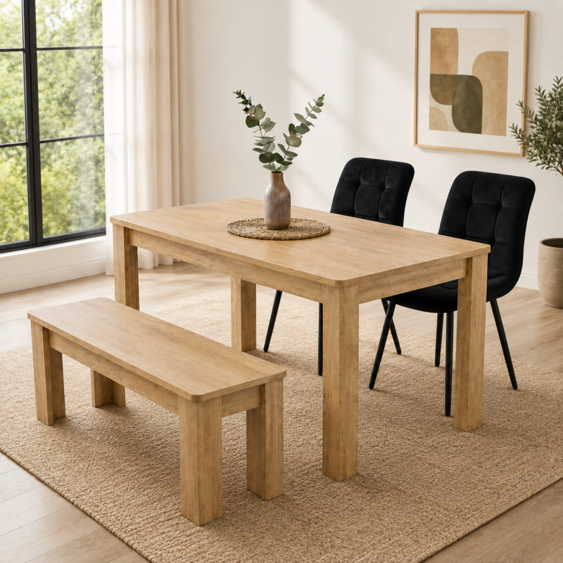 Oira Homes Modern Dining Table set For 4 with 2 Black Velvet Chairs and Oak Bench 4 Seater Kitchen Dining Set