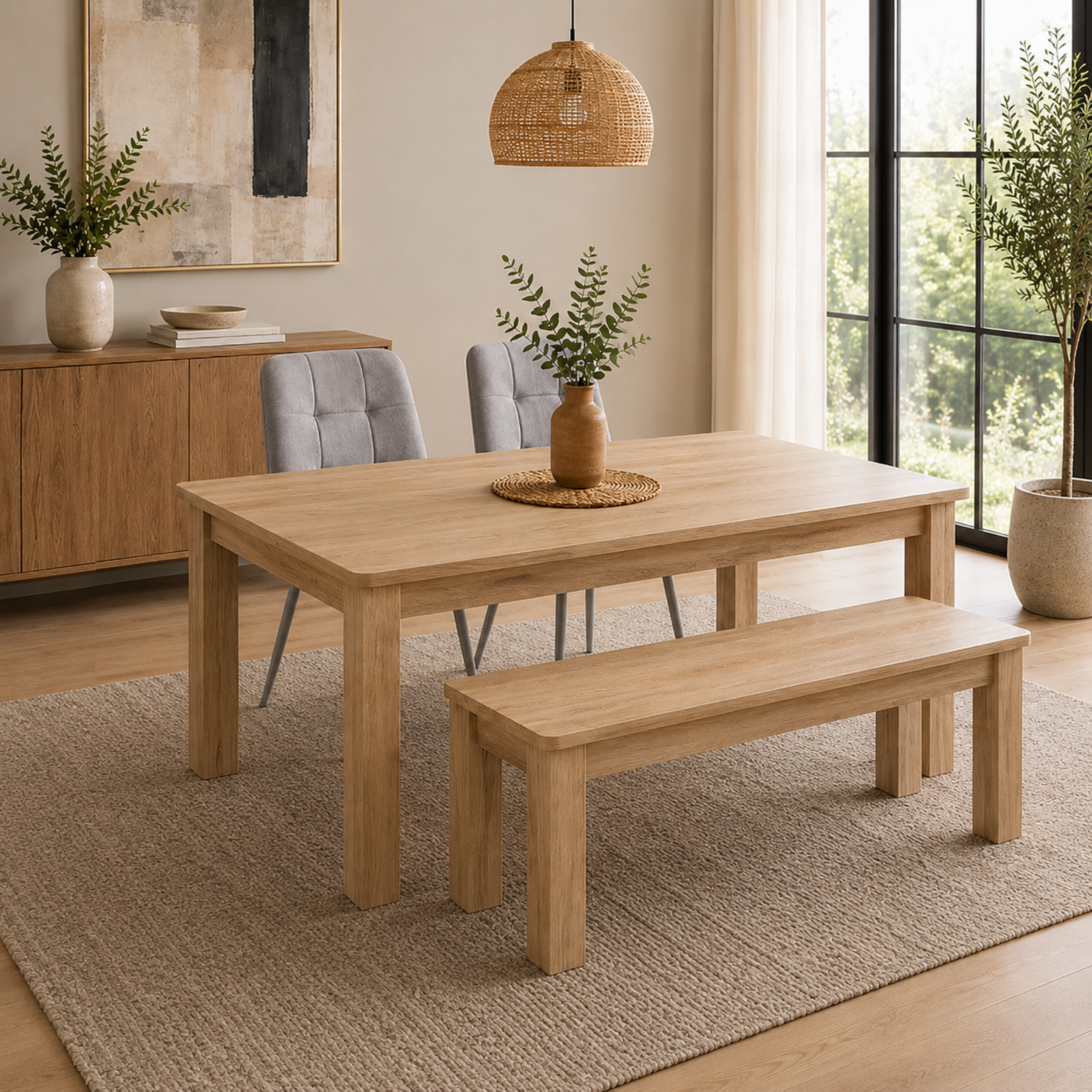 Oira Homes Modern Dining Table set For 4 with 2 Grey Velvet Chairs and Oak Bench 4 Seater Dining Room Set