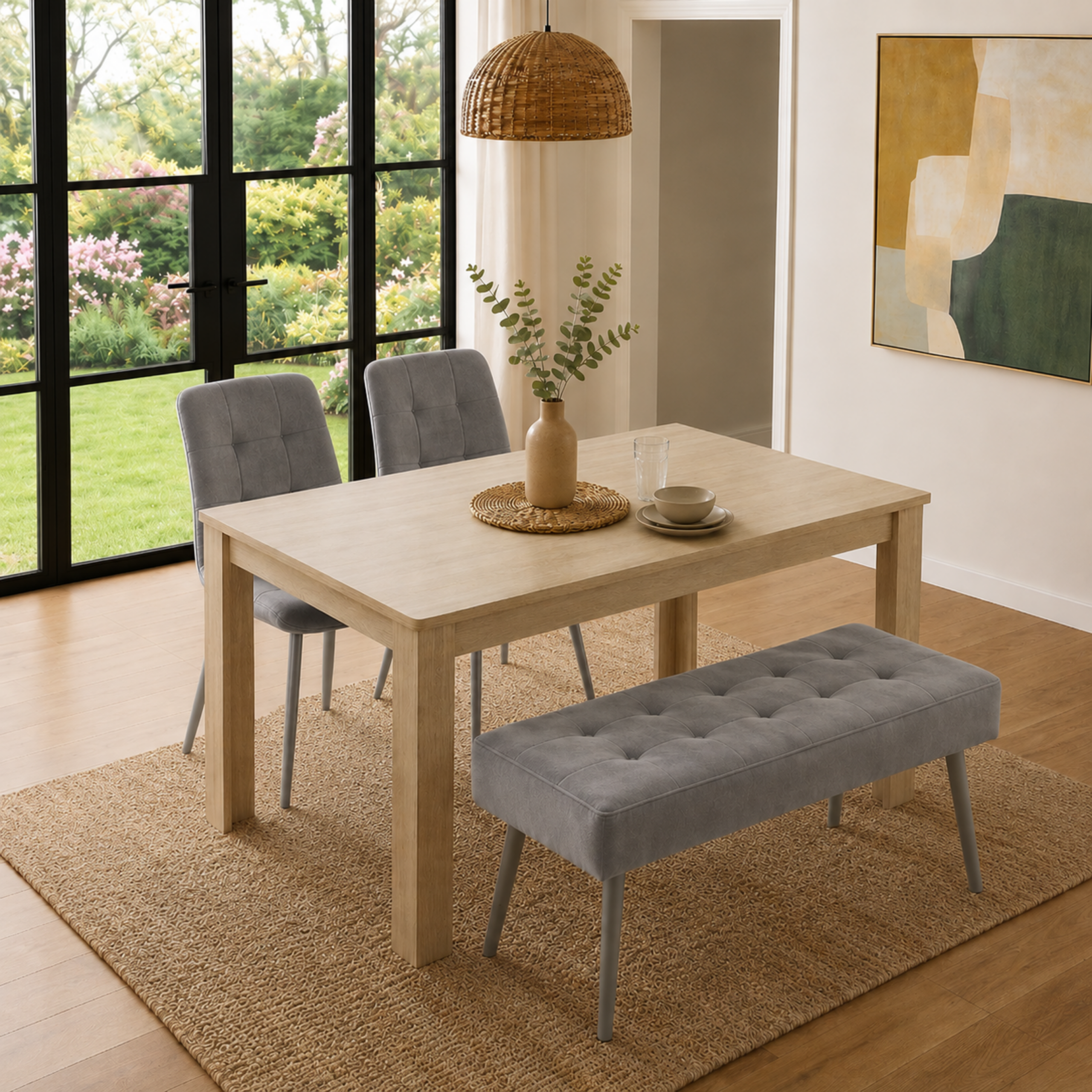 0864946_2 Oira Homes Oak Effect Dining Table Set with 2 Grey Nova Chairs and Grey Nova Bench 4 Seater Kitchen Dining Set - Image 1