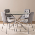 Oira Homes Round Glass Dining Table Set with 4 Grey Velvet Chairs 4 Seater Kitchen and Dining Room Set - Image 9
