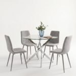 Oira Homes Round Glass Dining Table Set with 4 Grey Velvet Chairs 4 Seater Kitchen and Dining Room Set - Image 10