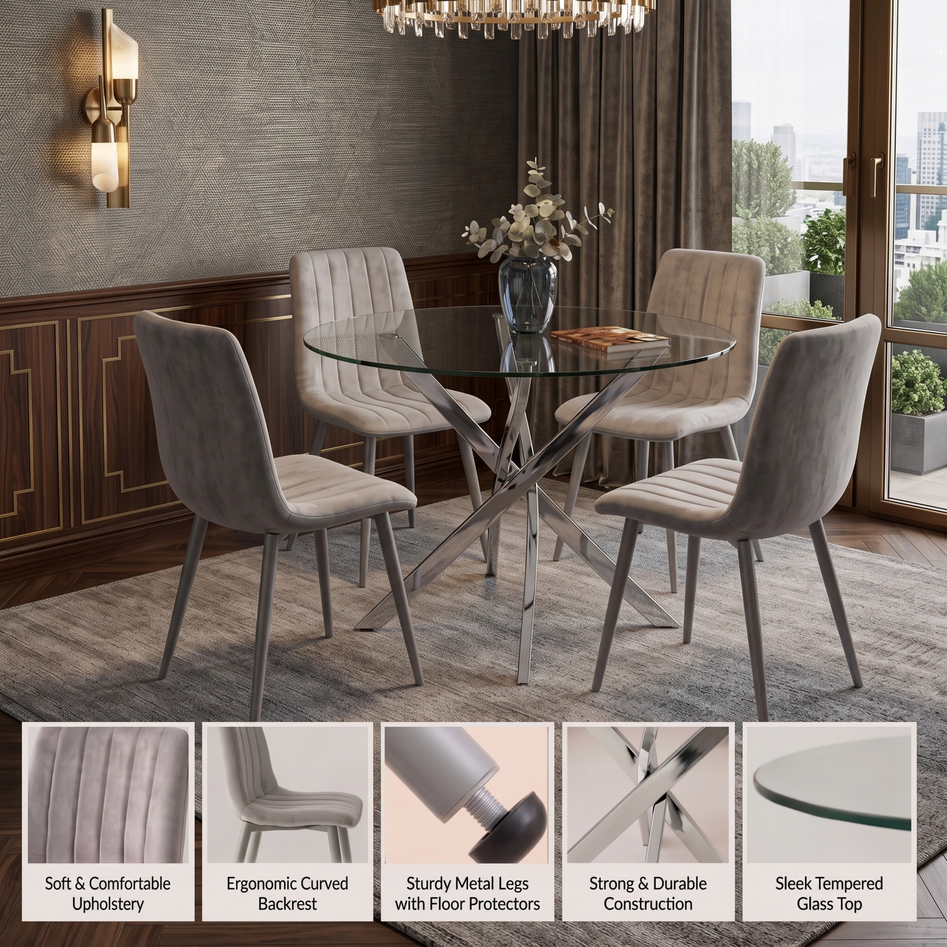 Oira Homes Round Glass Dining Table Set with 4 Grey Velvet Chairs 4 Seater Kitchen and Dining Room Set