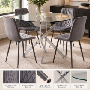 4-seater round glass dining set with dark grey diamond-ribbed velvet chairs