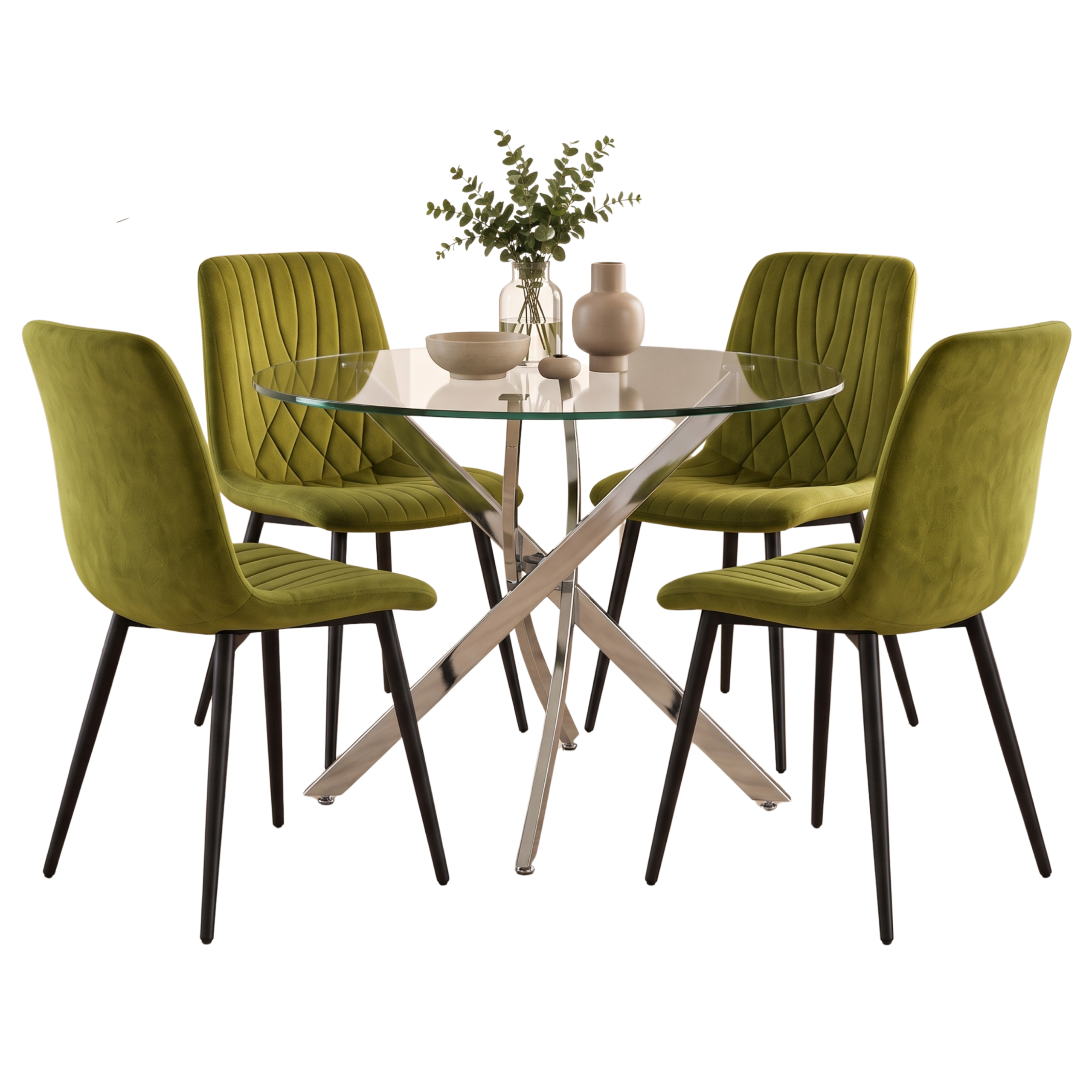 Oira Homes Round Glass Dining Table Set with 4 Olive Green Velvet Diamond Chairs 4 Seater Dining Room Set