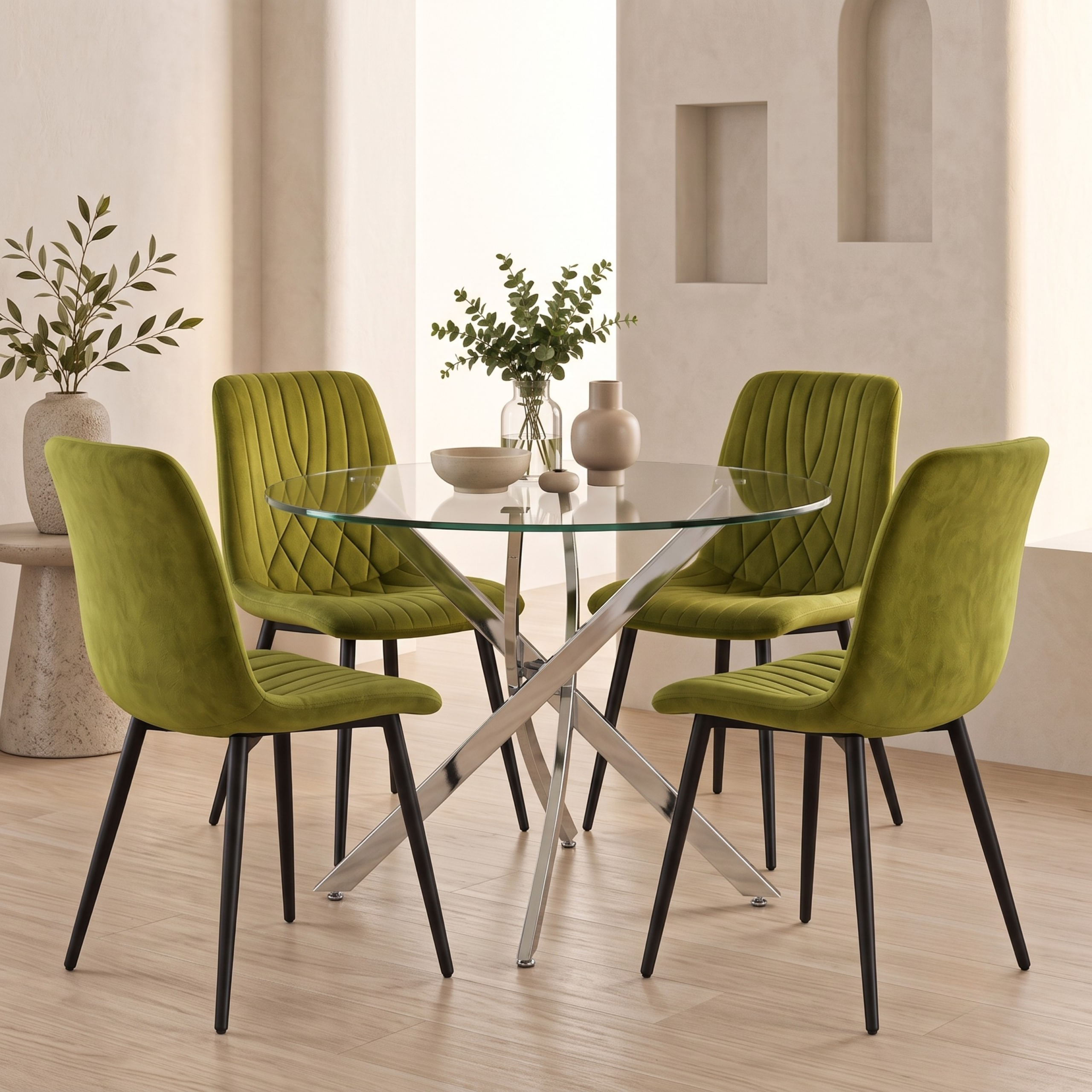 Oira Homes Round Glass Dining Table Set with 4 Olive Green Velvet Diamond Chairs 4 Seater Dining Room Set